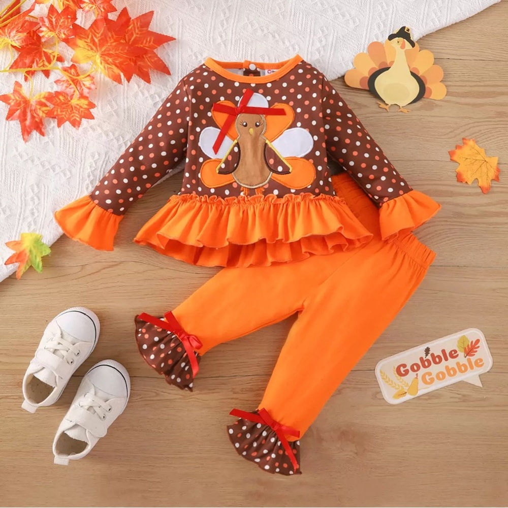 Brand new long sleeve polka dot Thanksgiving Turkey Dress and Ruffle Pants Set